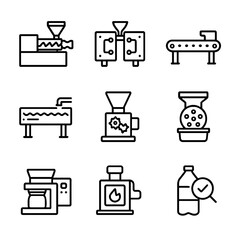 HDPE Equipment Icons. Outline icon set of HDPE processing equipment: extruder, injection mold, conveyor belt, cooling tank,