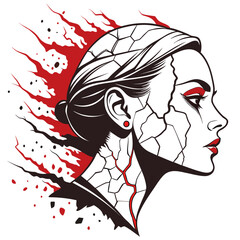 The image is an abstract, stylized profile of a woman. Red accents highlight crack-like details on her face and neck, suggesting fragmentation or inner turmoil.

