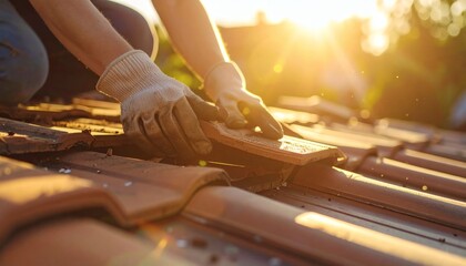 Skilled contractor carefully places a terracotta tile on a residential roof during sunset, symbolizing home improvement and renovation