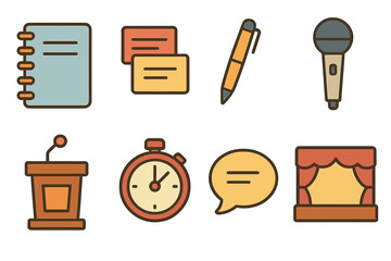 Debate Prep Tools. Flat vector mini-illustrations Debate preparation tools in colors children's illustrations: