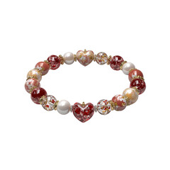 Elegant Red and Peach Beaded Bracelet with Heart Charms