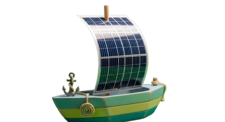 A detailed illustration of a small boat with a solar panel sail, promoting renewable energy.