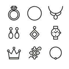 Jewelry Icon Set. Outline icon set of jewelry: ring, bracelet, necklace, earrings, pendant, watch, crown, brooch, anklet. [Line