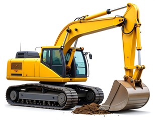 Fototapeta premium Yellow excavator on tracks, bucket down, on white background