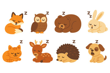 Dreamy Animal Icons. Flat vector mini-illustrations Sleepy animals in dreams in colors children's