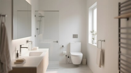 Modern minimalist bathroom with white fixtures, a large mirror, and natural light from a window