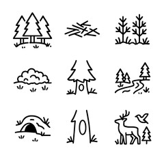 Fototapeta premium Pine Habitat Icons. Outline icon set of pine habitats: pine forest floor, pine needle litter, pine underbrush, pine moss, pine