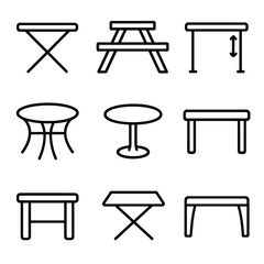 Fototapeta premium Plastic Table Icons. Outline icon set of plastic tables: folding plastic table, picnic table, adjustable height table, outdoor