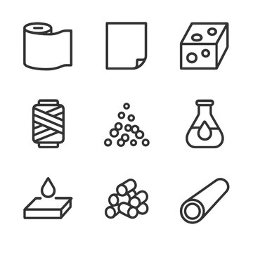 Polymer Product Icons. Outline icon set of polymer product forms: film, sheet, foam, fiber, granule, resin, coating, pellet, tube.