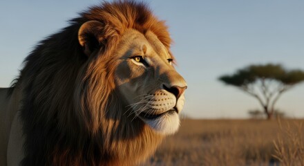Fototapeta premium Majestic Lion Roaming the African Savannah Under a Golden Sky
