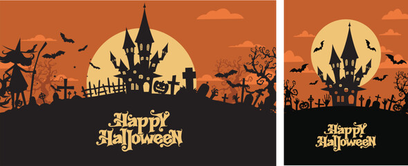 Dark Halloween night vector background featuring haunted castle, flying bats, carved pumpkins, twisted trees, spooky graveyard under full moon. Great for invitations, posters, web, and festive decor.