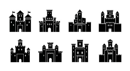 Obraz premium Collection of eight different black castle silhouettes, each with towers and gates, arranged in two rows on a white background.