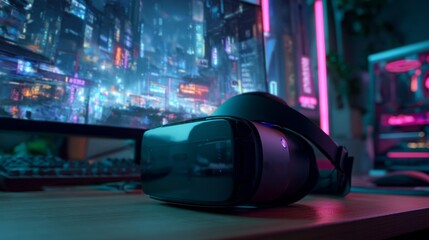 Immerse yourself in the future with a close-up shot of virtual reality glasses set against a futuristic cityscape with vibrant neon lights, reflecting the digital world