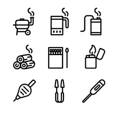 Smoky Tools Icon Set. Outline icon set of smoky tools and equipment: smoker grill, chimney pipe, smoke generator, firewood stack,