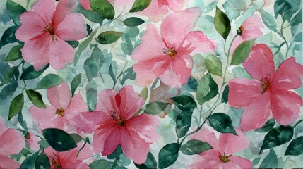 A serene and painterly depiction of delicate pink flowers intertwined with vibrant green leaves, evoking feelings of tranquility and the beauty of nature.