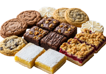 Diverse freshly baked cookies, fudgy brownies, lemon & raspberry bars artfully arranged on rustic board, soft natural light, blurred kitchen, inviting homemade dessert display