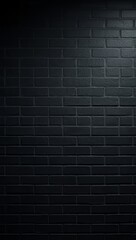 Vertical banner, wallpaper for social media of A dark black brick wall with a matte, slightly rough texture, featuring evenly spaced mortar lines and subtle variations in brick color, illuminated soft