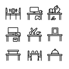 Table Uses Icon Set. Outline icon set of table uses: dining, working, studying, gaming, crafting, display, storage, meeting,