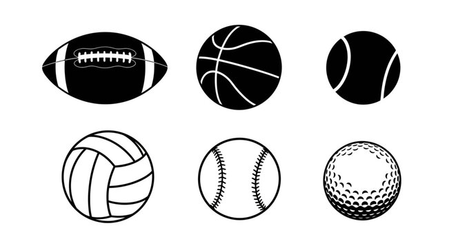 Collection of six monochrome sport balls: football, basketball, soccer ball, volleyball, baseball, and golf ball.