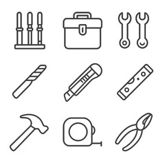 Fototapeta premium Tool Icon Set. Outline icon set of miscellaneous tools: screwdriver set, toolbox, wrench set, drill bit, utility knife, level,