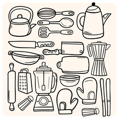 Hand-drawn cooking and kitchen utensils doodles.