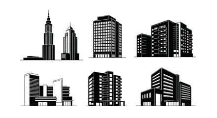 A collection of stylized black and white illustrations of urban buildings and skyscrapers.