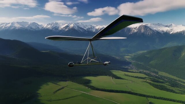 "Hang glider flying over mountain valley landscape, wide cinematic drone view, perfect for travel, freedom, and outdoor adventure concepts."
