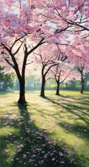 Naklejka premium Sunlit cherry blossom trees, pink petals strewn across a verdant lawn