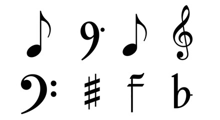 Fototapeta premium Collection of musical symbols including notes, clefs, and accidentals in black on a white background.