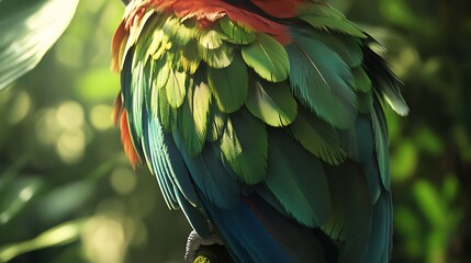 Fototapeta premium Vibrant Macaw Parrot Perched in Lush Green Jungle Foliage.