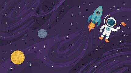 Astronaut exploring space with a rocket ship and planets cosmic adventure cartoon illustration