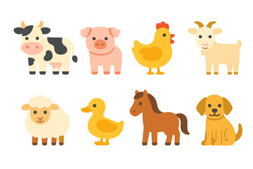 Farm Animals Icons. Flat vector mini-illustrations animals in the farm habitat in colors children's