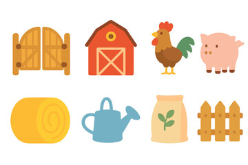 Farmyard Icons for Kids. Flat vector mini-illustrations farmyard entrance in colors children's illustrations: