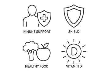 Health symbols including immune support, shield, healthy food, and vitamin d