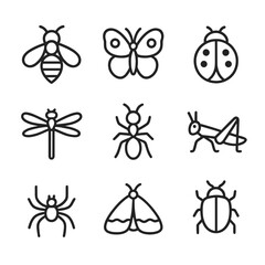Garden Insect Icons. Outline icon set of garden insects: bee, butterfly, ladybug, dragonfly, ant, grasshopper, spider, moth,