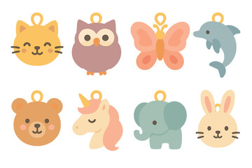 Naklejka premium Animal Locket Collection. Flat vector mini-illustrations animal-shaped lockets in colors children's illustrations: cat-shaped