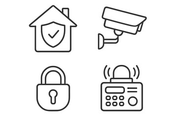Home security icons featuring camera, alarm system, lock, and safe house symbols