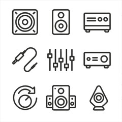 Bass Audio Icon Set. Outline icon set of bass in audio equipment: subwoofer, bass speaker, amplifier, audio cable, equalizer,