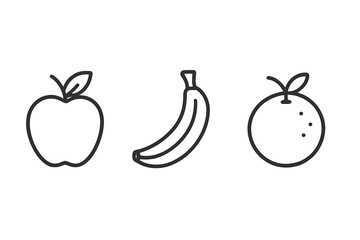Simple line art of apple, banana, and orange icons