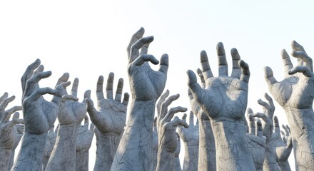 Many raised hands reaching up towards the sky, symbolizing hope and desperation