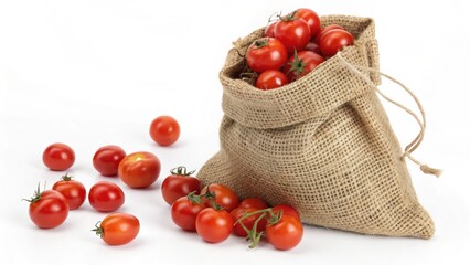 A burlap sack overflowing with ripe red cherry tomatoes and scattered on a clean white background isolated on white background