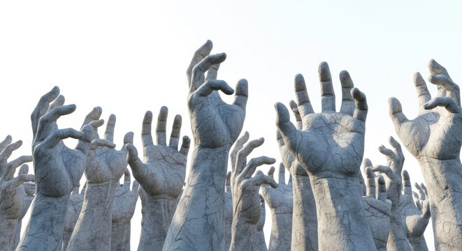 Many raised hands reaching up towards the sky, symbolizing hope and desperation