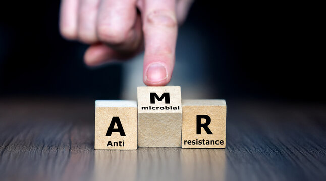 Wooden cubes showing the acronym AMR for antimicrobial resistance, symbolizing healthcare, microbiology, drug resistance, and global health awareness in a medical context.