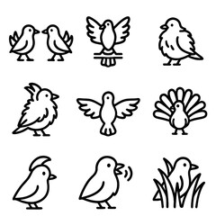Bird Behavior Icon Set. Outline icon set of plumage behaviors: courtship display, territorial display, feather fluffing, feather