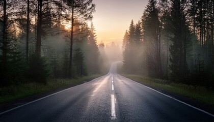 Naklejka premium A lonely road through a misty forest at dawn