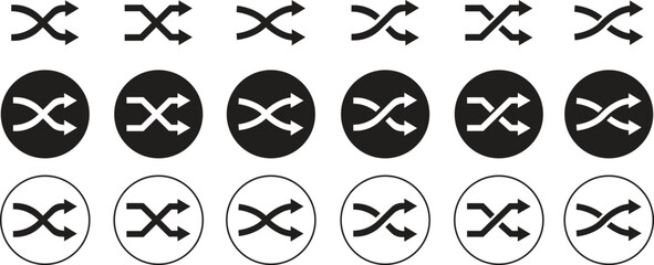 Shuffle icons set in flat styles. Collection and group of random arrows, repeat arrows, switch arrows, loop symbol, music player shuffle control, UI navigation sign, and rotation vector.
