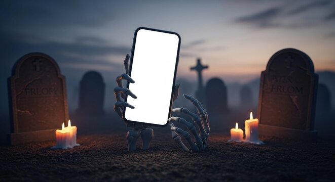 Skeleton hand holding a glowing smartphone with a blank screen in a spooky graveyard at dusk