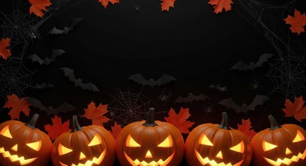 Row of glowing carved halloween pumpkins with spooky faces and autumn leaves against a dark background