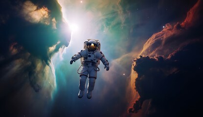 Astronaut Floating in Nebula Cosmic Adventure Exploration and Space Travel Concept with Starry Sky and Colorful Cloud Formations