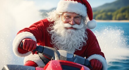 Santa Claus riding jet ski on ocean water